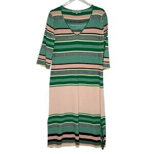 Tuckernuck M Knit Midi Dress Pink Green Striped Stretch V Neck